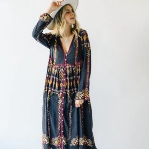 Free People: The Foley Dress in Moody Combo Button Down Maxi Black Boho Relax